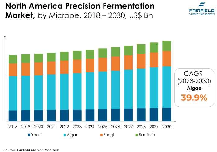 North America Precision Fermentation Market, by Microbe, 2018 - 2030, US$ Bn